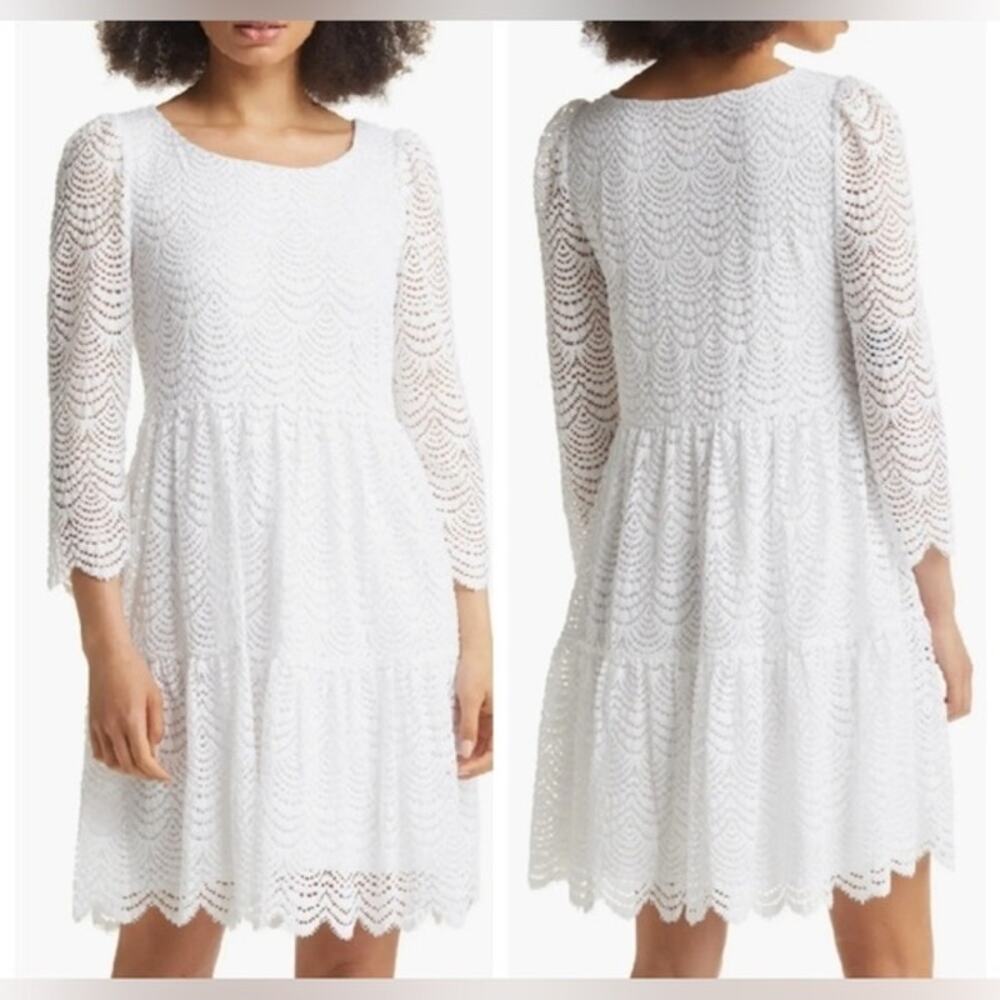 LILLY PULITZER Geanna Scalloped Lace Long Sleeve Scoop Neck White Dress Size M